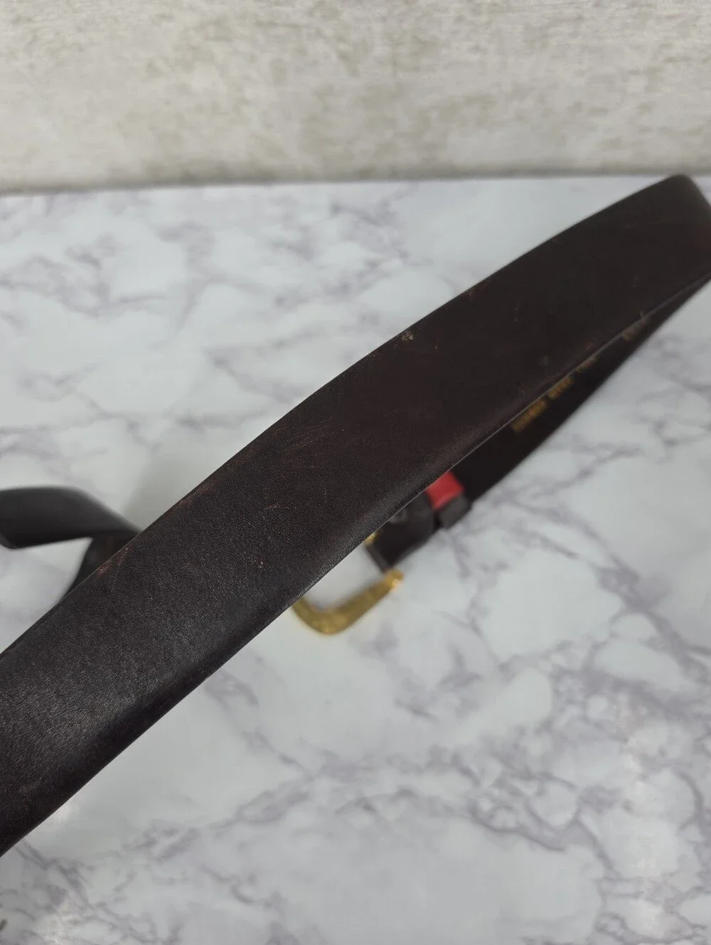 Vintage Men's Dark Brown Leather Belt with Gold Tone Buckle Full Grain Cowhide